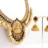 Grand Coin & Pearl Cluster Lakshmi Haaram with Matching Jhumkas (Royal Blue)