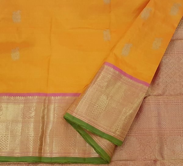 Mango Yellow, Onion Pink & Pistachio Green Pure Kanchipuram Silk Saree